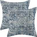 Boho Pillow Covers 18x18 Set of 2, Blue Carpet Pattern Decorative Throw Pillows Linen Ethnic Design Farmhouse Cushion Pillow Covers for Sofa Couch Outdoor Decor