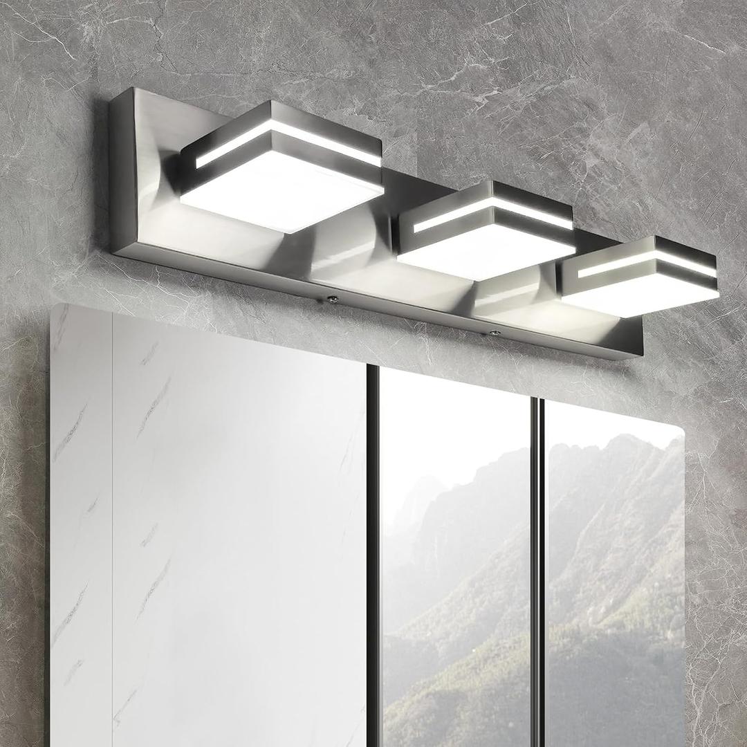 OKELI 3 Light Bathroom Vanity Light Brushed Nickel Modern 24W LED Dimmable Vanity Light Over Mirror 350 Adjustable Lamp Head Cold White 6000K ETL Listed 22Inch