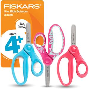 Fiskars 5" Blunt-Tip Scissors for Kids 4-7, For School or Crafting, 3 Pack: Blue, Floral, Pink