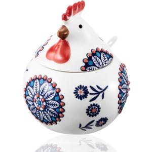 Acellegic Ceramic Salt Cellar with Lid and Spoon, 13oz Large Chicken Salt Jar, Chicken Cookie Jar with Spoon for Counter, Coffee, Sugar, Spices and Candies, Kitchen Christmas Decoration(Blue)