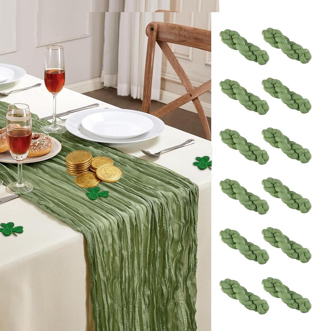 12 Pack Sage Green Cheesecloth Table Runner 10FT Long Boho Gauze Table Runner Rustic Sheer Runner for Wedding Bridal Baby Shower Birthday Party Table Decor Home Easter Thanksgiving Decorations