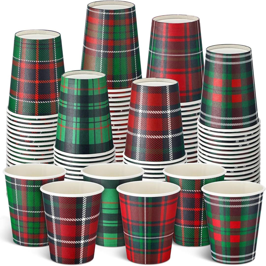 FoldTier 90 Pcs Christmas Paper Cups 9 oz Disposable Christmas Red Green Plaid Coffee Cups Winter Party Supplies for Hot Cold Beverage Chocolate Tea Cocoa Holiday Xmas Table Decoration