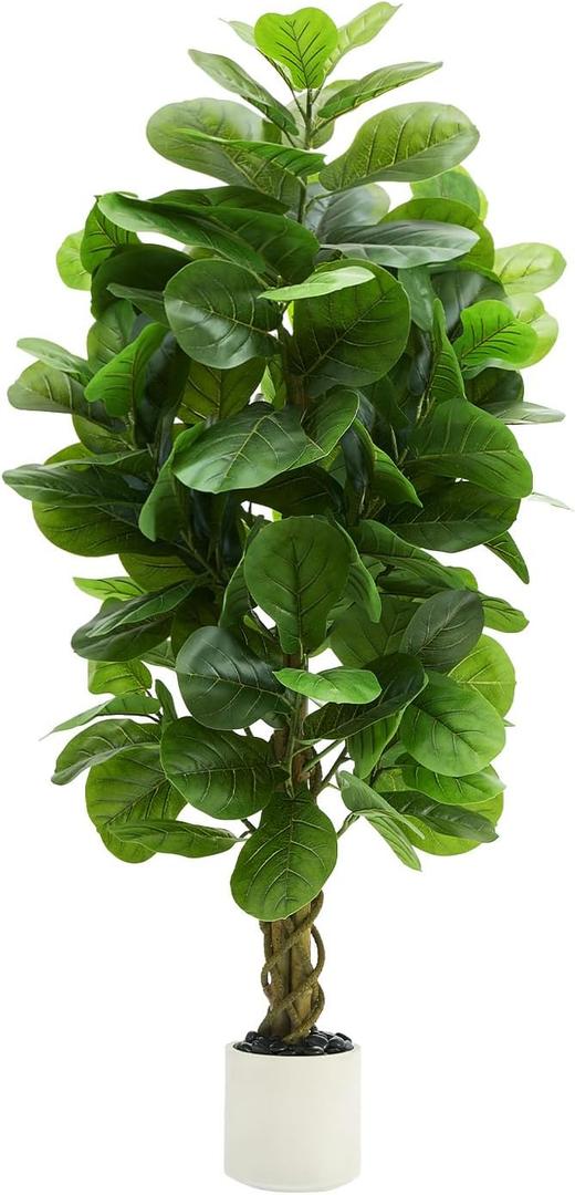 Artificial Fiddle Leaf Fig Tree 5FT, Large Fake Tree in White Pot, Artificial Plants Indoor with Pebble, Realistic Green Lush Faux Fig Trees Lyrata Plants for Home Office Room Porch Decor
