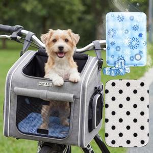 DaisyInner Dog Basket for Bike, Expandable Pet Carrier with Cooling Mat for Bicycle Handlebar, 2 Mesh Doors, Reflective Strips, Soft-sided Travel Bag for Small Medium Dogs Cats, 14.5"x10.2"x12.9" Gray