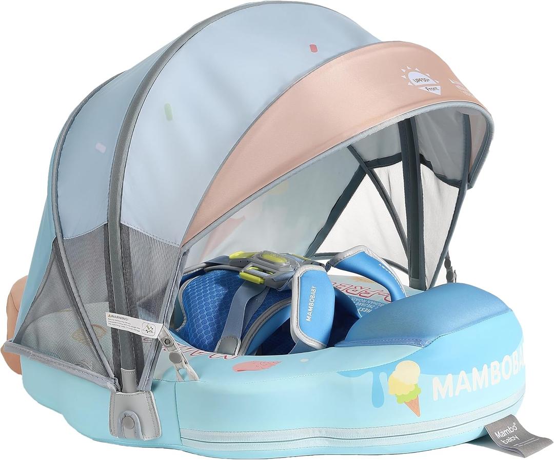 Mambobaby Float with Canopy Baby Pool Float Non-Inflatable Solid Swim Float Upgrade Add Tail Soft Waterproof Skin-Friendly Leather Material (Limited Edition Blue), Medium