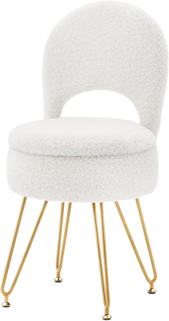 Storage Ottoman Vanity Stool Chair with Folding Back Teddy Velvet Makeup Chair Multifunctional Upholstered Footstool,4 Metal Legs with Anti-Slip Feet for Bedroom Living Room Entryway (White)