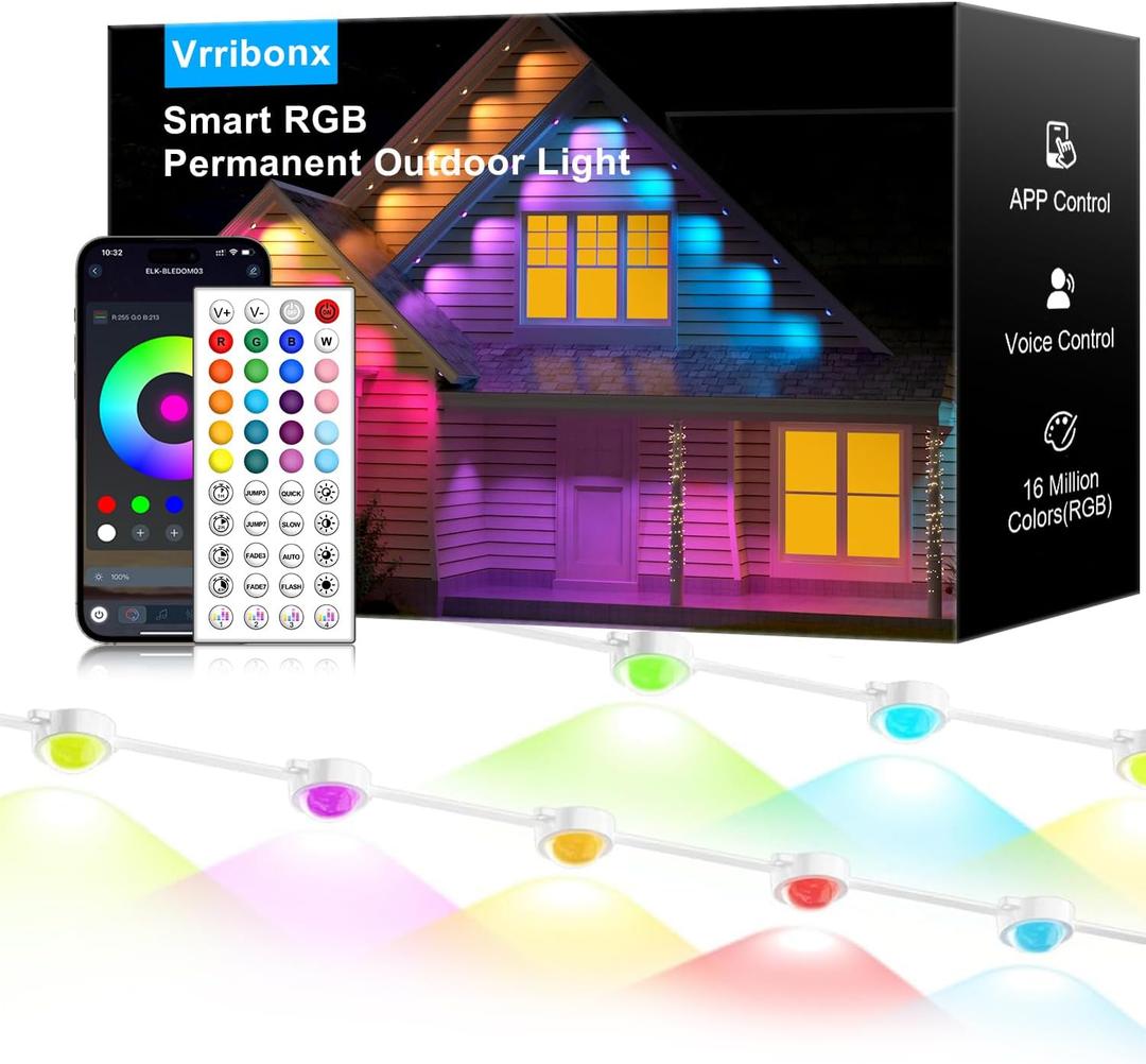 150FT Permanent Outdoor RGB Lights - IP65 Waterproof with Smart App Control Remote, DIY Scene Modes, Music Synchronization, Eaves Lights For Garden Decor, Deck, Christmas, Party, Party, Halloween, Roof