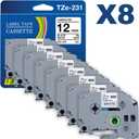 TZc-231 12mm 0.47 Laminated White Label Replacement for Brother Label Maker Tape P-Touch Label Tape Compatible with PT-D210 PT-H110 PT-D220 PT-D400 D410 D600 (8 Pack)