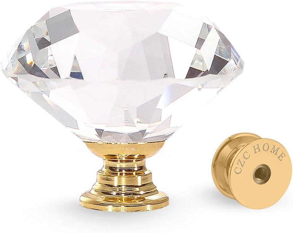CZC HOME 10 PCS Diamond Crystal Glass Pull Handle Cabinet Knobs Cupboard Drawers Cabinet Dresser Bookcase Wardrobe (40mm, Gold)