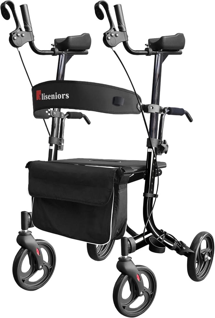 Aliseniors Upright Walker for Seniors - Stand Up Rollator with Seat, Foldable 4 Wheel Rolling Walker with All-Terrain 8" Wheels, Adjustable Padded Armrests (5'2"-6'2"), 300lbs Capacity, Black