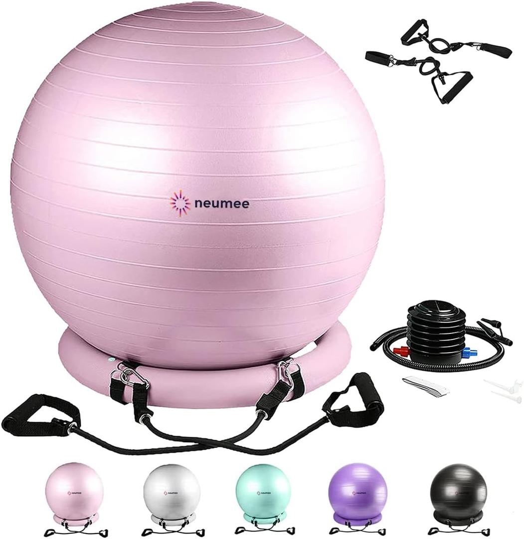 Exercise Ball Chair with Resistance Bands, Yoga Ball Office Chair with Stability Base for Home Gym, Workout Ball for Fitness, Large Size 65 cm (Pink)