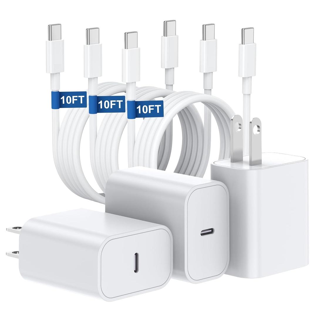 Essri 45W iPhone 17 16 Pro Max Charger Fast Charging,3-Pack Super Fast USB C Charger Block for iPhone 16/16 Pro Max/15 Plus Series/iPad Pro,PD 3.0 Wall Charger with 10FT Long C Cable