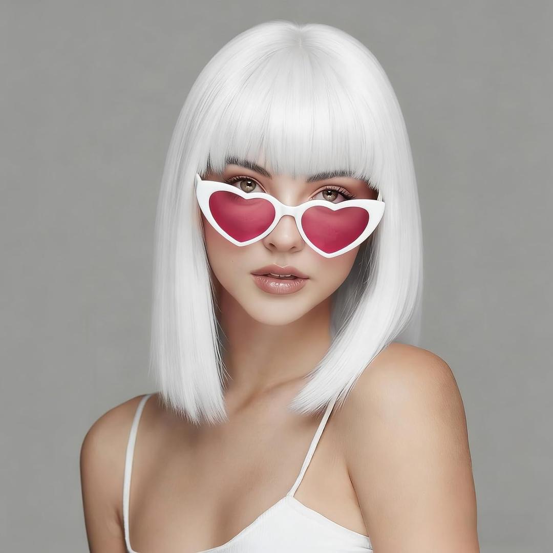 SUKRI White Bob Wig with Bangs Short Straight White Wigs for Women Silver White Bob Hair Wig for Party Cosplay Daily Use12Inch