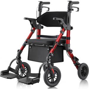Walkers for Seniors with Seat, Walker Wheelchair Combo, 2 in 1 Rolling Walker Transport Wheelchair Lightweight Foldable, 10" Big Wheels Transport Chair with Brakes,Red