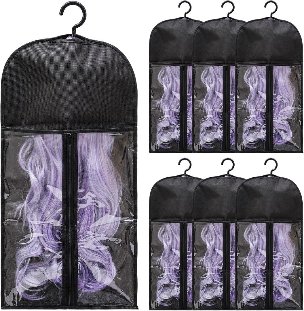 6-Pack Hair Extension Holder - Wig Storage Bags with Hanger for Multiple Wigs, Dust-proof, Ideal for Hair Extensions & Accessories