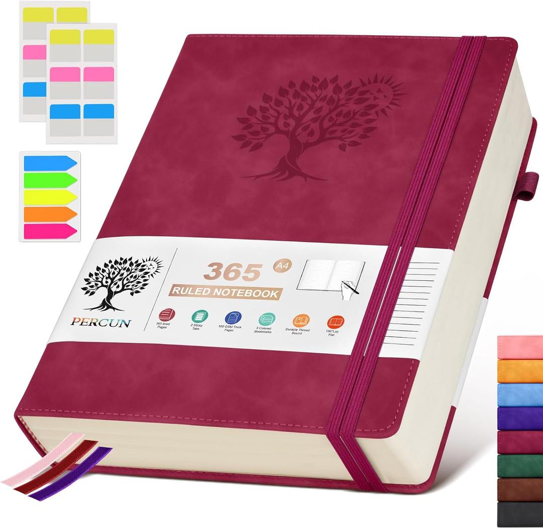 PERCUN A4 Lined Journal Notebook365 Page Large Leather Journals for Writing Women MenHardcover Notebook with 100Gsm Thick Pages for TravelWorkSchoolCollege Ruled, Daily Diary (8.5" x 11.4") (Wine red)