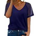 WEESO Casual T Shirts for Women V Neck Mesh Short Sleeve Summer Tops Loose Fit Dressy (XL) Navy Blue 
