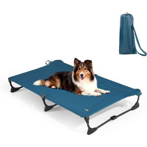 CANINE CANYON Folding Raised Dog Cot, Large Outdoor Elevated Dog Bed with Upgraded Non-Slip Feet, Cooling Chew Proof Portable Heavy Duty Pet Cot Up to 160 lbs for Camping/Home, Dark Blue, 43"x27"