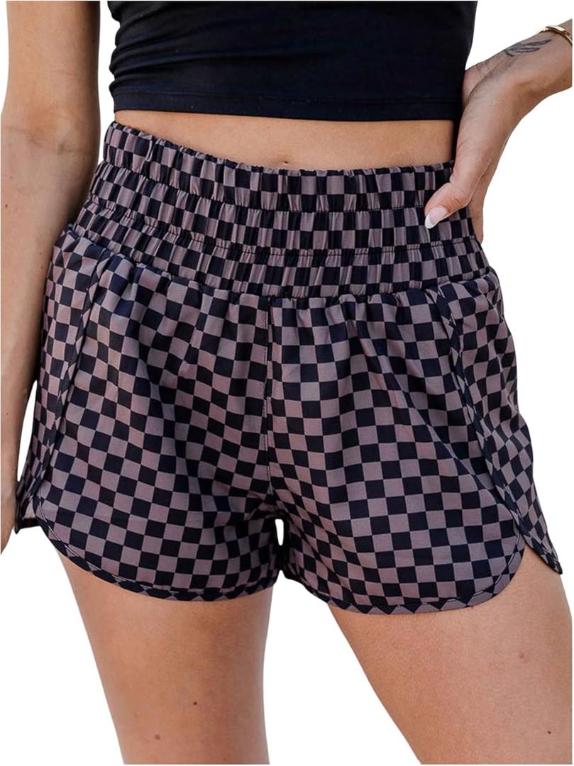 SOLY HUX Women's Plaid Shorts Checkered Shirred High Waisted Casual Summer Shorts, L