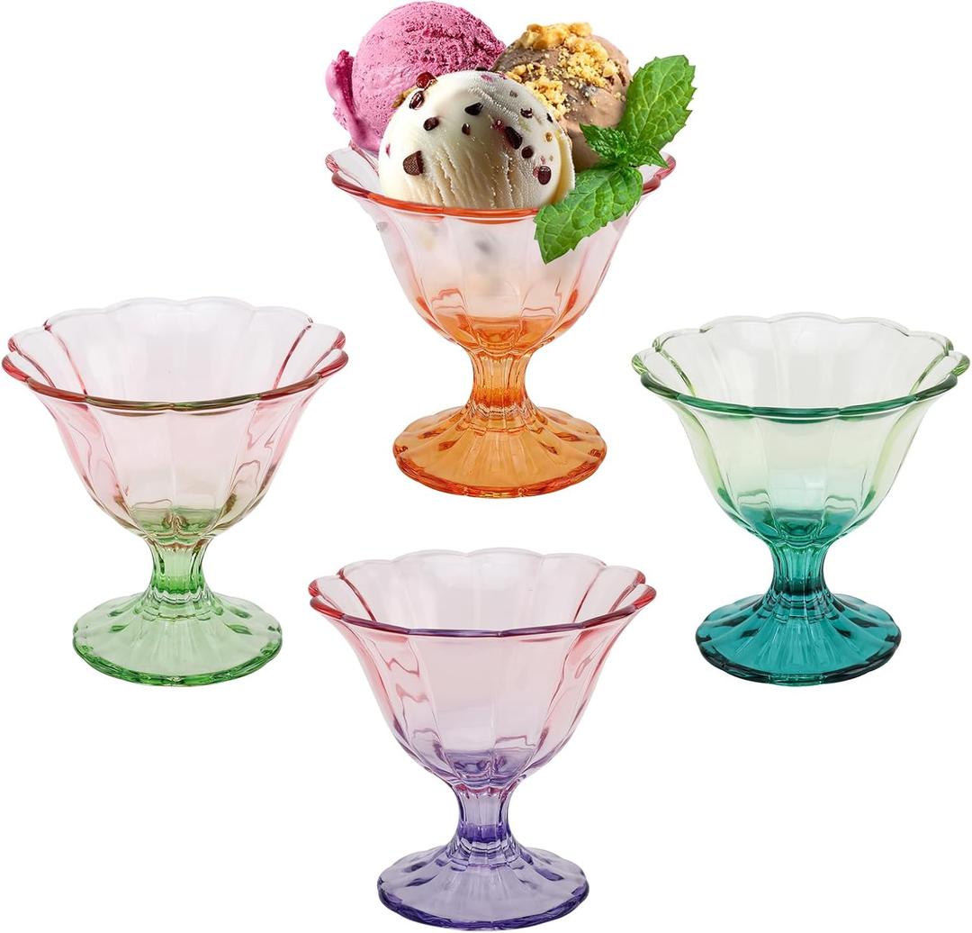 10 Oz Glass Ice Cream Bowls Set of 3, Colored Dessert Bowl Footed Clear Drinking Cups, Trifle Dish Parfait for Sundae, Dessert, Candy, Fruit, Ice Cream, Snack Puddings, Assorted Colors