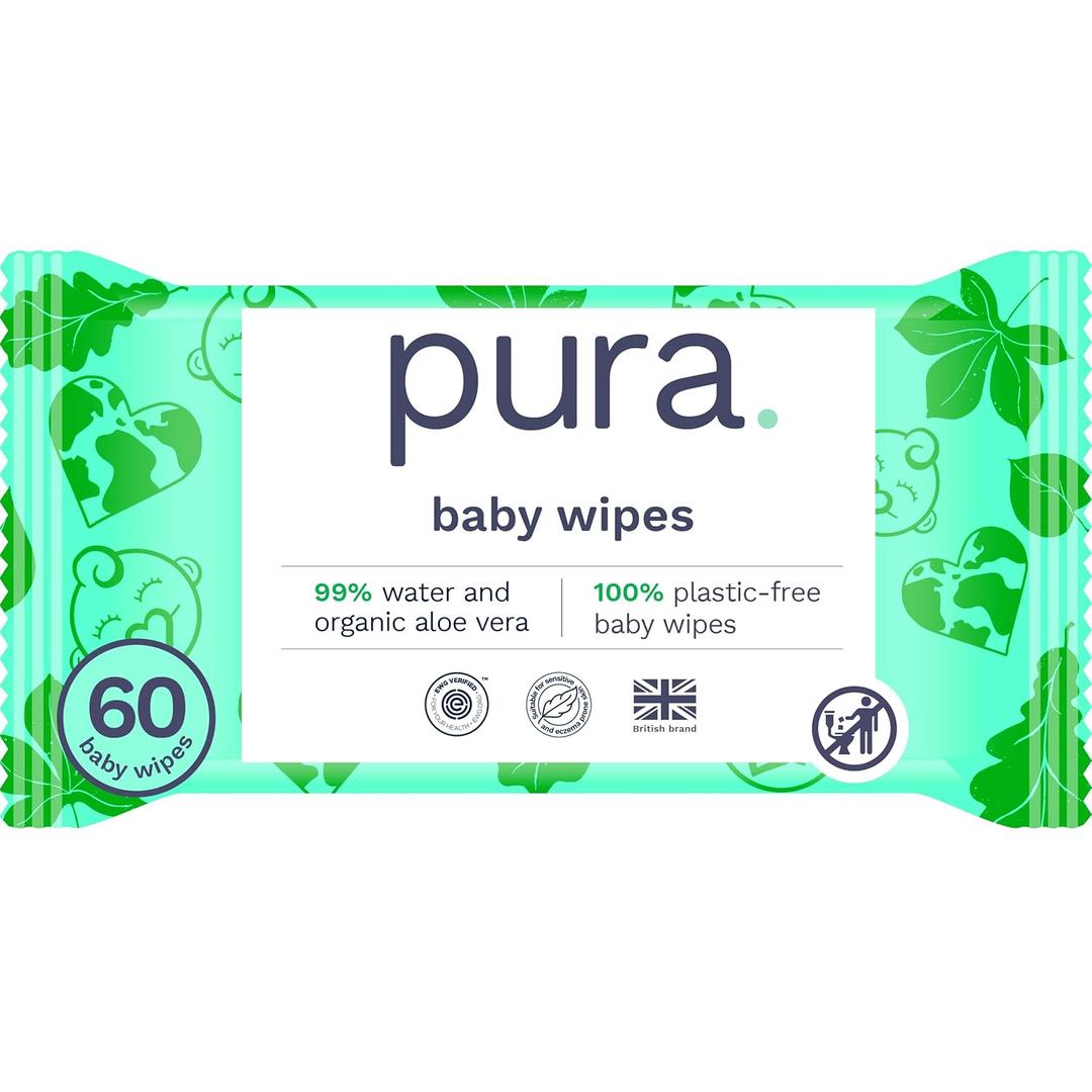 Pura Natural Sensitive Baby Wipes, 99% Water, Unscented & Hypoallergenic, Suitable for Sensitive & Eczemaprone Skin, Hypoallergenic, EWG Verified, 8 Pack of 60 Wet Wipes (480 Diaper Wipes) Bulk Buy