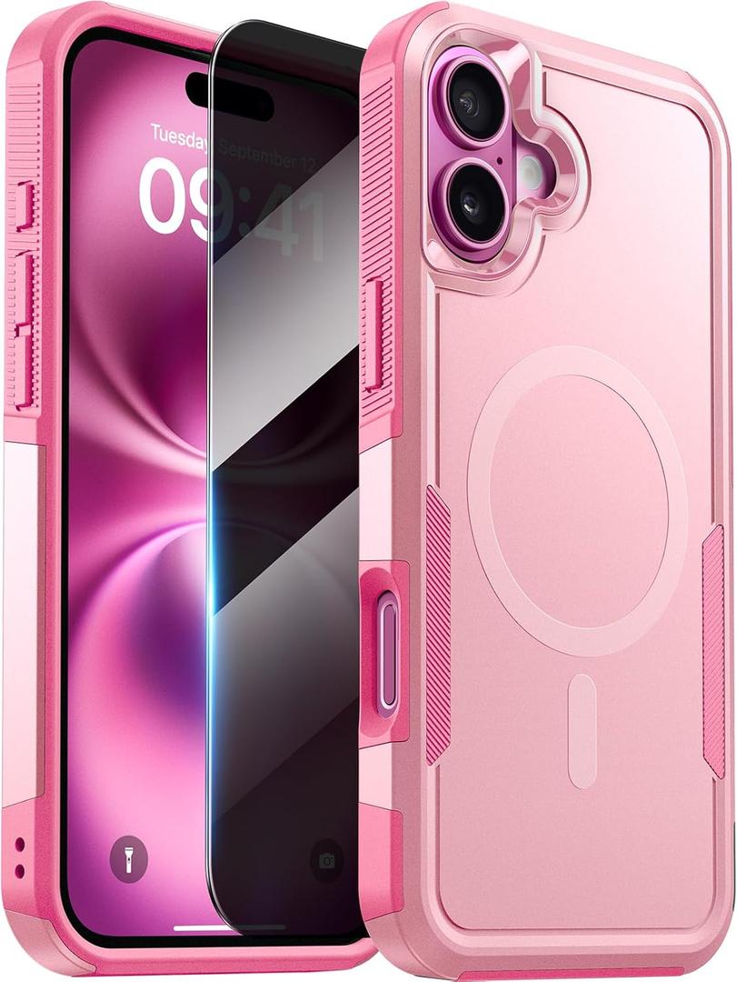 Diaclara Magnetic for iPhone 16 Plus Case, [with Privacy Screen Protector] [Anti Spy] [Military Grade Drop Protection] Heavy Duty Full-Body Shockproof Phone Case, Magnetic Pink