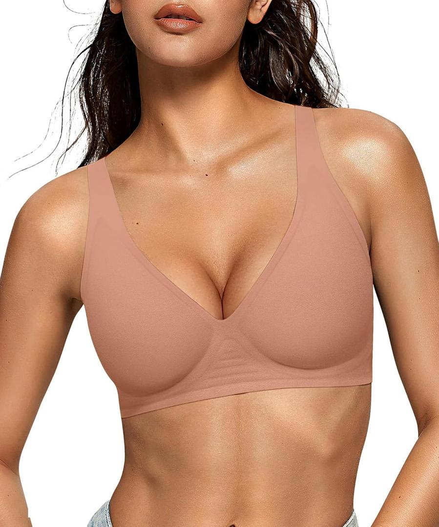OEAK Womens Deep V Bras Wireless Comfortable Bra Supportive No Underwire Bras Tshirt Push Up Bralettes Plunge Seamless Bra M