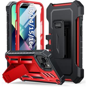 For iPhone 13/14/15 Phone Case: for iPhone 16e Protective Cover with Belt Clip Holster | Durable Dual-Layer Design with Built-in Kickstand | Heavy Duty Military Grade Hard Protection Shock Proof