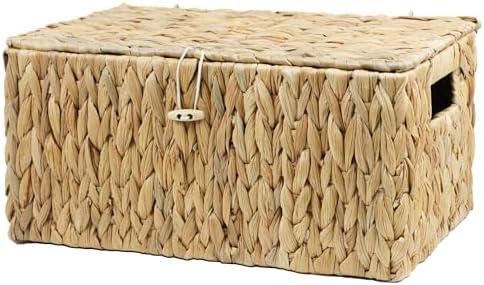 ORDELITE Large Wicker Basket with Lid, Rectangular Water Hyacinth Storage Baskets for Organizing, Woven Basket for Storage, Decorative Boxes Bins with Lids Home Organizer Decor (14" x 9" x 6")