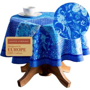 Maison d' Hermine Table Cloth Round Table 100% Cotton 63 Round Inches Tablecloth Reusable Decorative for Dining Kitchen Room Farmhouse Home Easter Decorations Spring Summer - Indigo Love