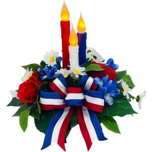 4th of July Decorations,Patriotic Floral Arrangement Centerpiece for Table, Red White and Blue Fake Flowers Fourth of July Taper Flameless Candles for Independence Day Home Decor,Memorial Day Dcor