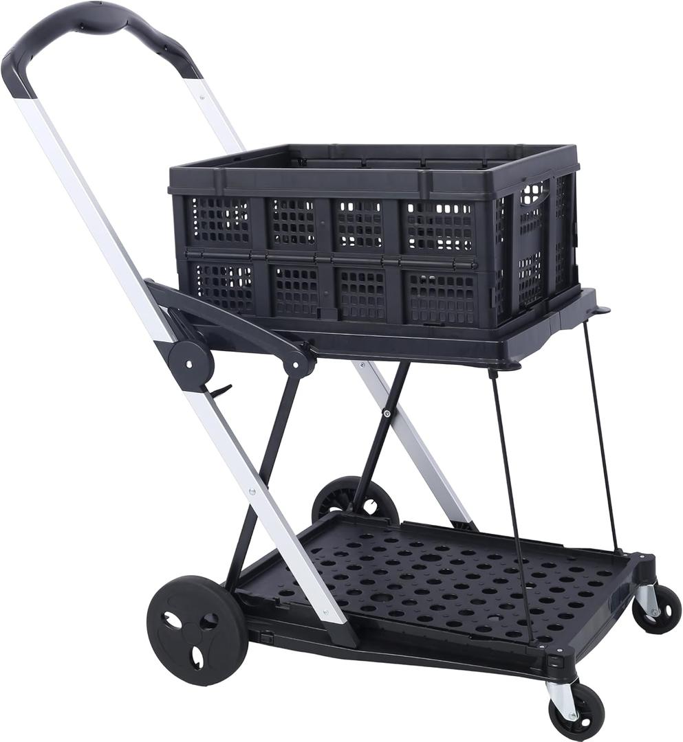 Double-Decker Folding Service Cart, Heavy-Duty Utility Cart with 360 Swivel Wheels, High Load Capacity, Collapsible Design for Shopping, Office, Warehouse, and Home Use (Black)