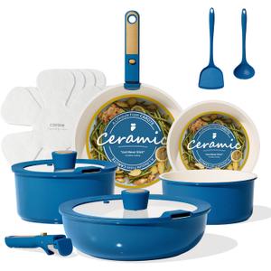 CAROTE 15Pcs Ceramic Cookware Set, Pots and Pans Set Non stick, Non Toxic Cookware Detachable Handle, Induction Cookware, Dishwasher/Oven Safe, RV/Camping, PFAS Free, Blue&Gold