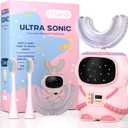 Sensory 360 Round U-Shaped Astronaut Design Mouthguard Electric Toothbrush for Kids Ages 2-7 - Automatic Memory Function - 5 Modes Toothbrush with Multiple Heads  Kids Travel Essentials (Pink)