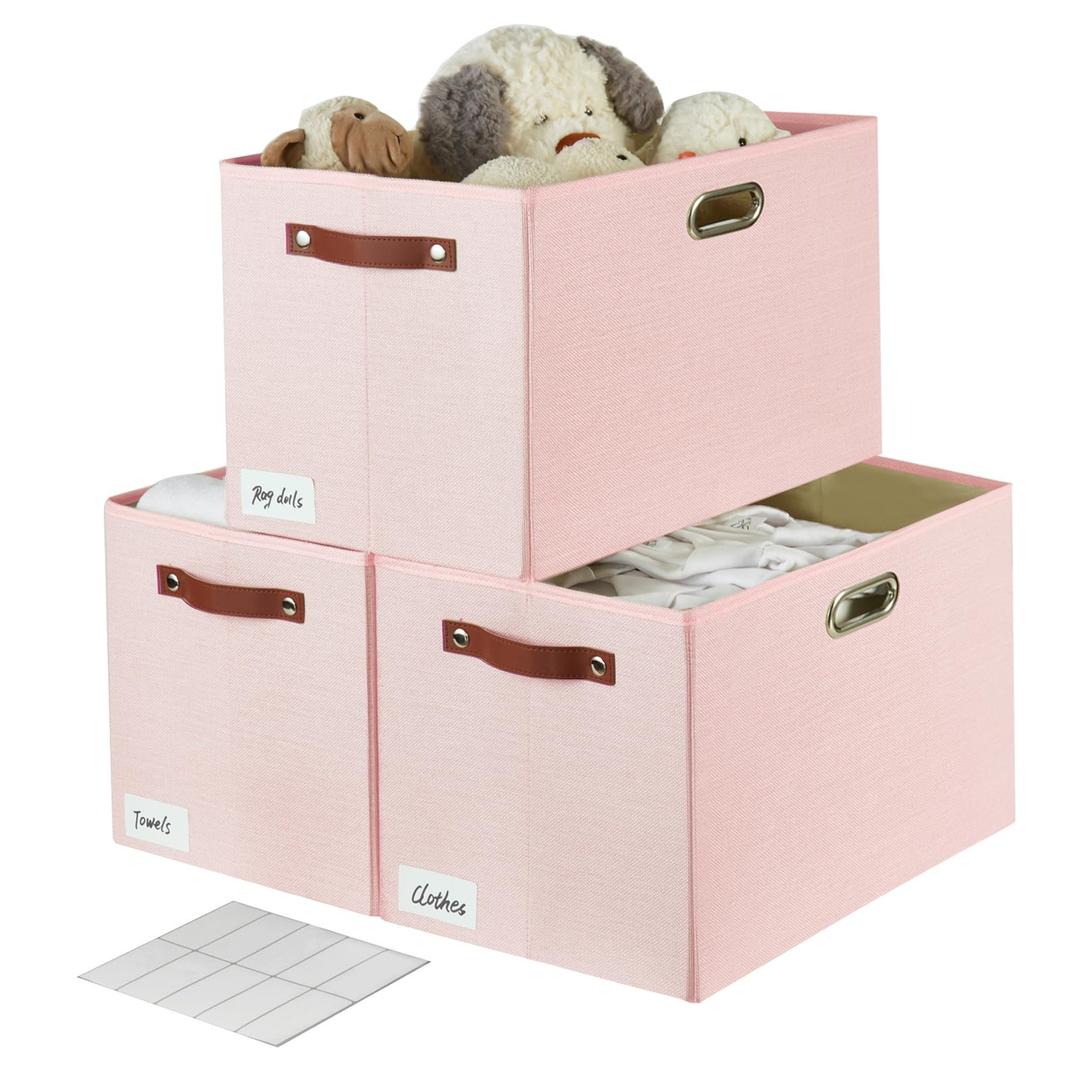 3-Pack Foldable Fabric Storage Bins with Durable PU & Metal Handles, Collapsible Storage Baskets for Shelves, Home Storage, Closet Organizers, Living Room (17"x11.8"x11.8" Pink)