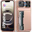 for iPhone 16e Phone Case Wallet, Built-in Card Holder (4-5 Cards), RFID Block, Slide Camera Cover, Military Grade Protection, Rugged Women Girly Men Protective Case for iPhone16 E, Rose Gold