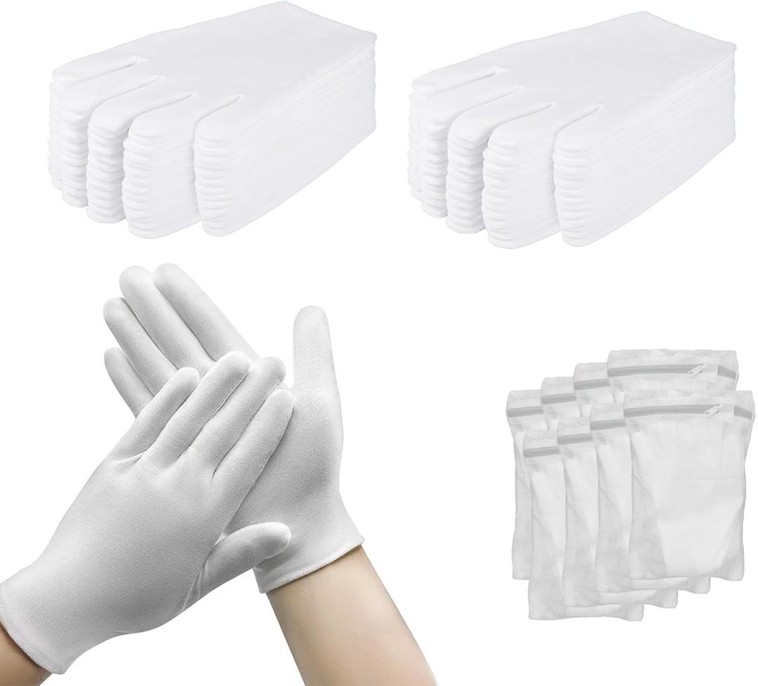 24 Pairs White Cotton Gloves for Dry Hands Eczema with 8 Laundry Bags, Soft Unisex Moisturizing Gloves for Sleeping Overnight, Breathable Work Glove Liners for Coin Jewelry Inspection, Art Handling