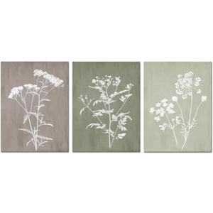 LoveHouse Gray Green Floral Wall Art Botanical Canvas Prints Wildflower Wall Decor Silhouette Paintings Farmhouse Pictures for Bathroom Bedroom