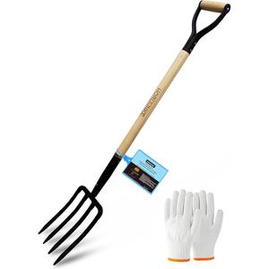 Garden Fork, 4-Tine Pitchfork, Spading Digging Fork, Forged Steel Y-Grip, Wood Handle, 45Inch