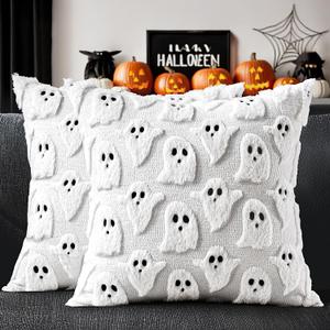 MIULEE Halloween Pillow Covers Cute Ghost Spooky Fall Throw Pillows Set of 2 Soft Plush Faux Fur Decorative Cushion Covers for Couch Sofa Bed Porch Living Room Halloween Decor 18x18 inch White