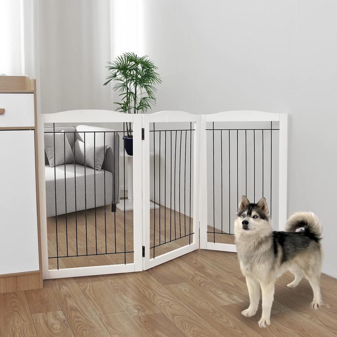 ZJSF Freestanding Foldable Dog Gate for House Extra Wide Wooden White Puppy Gate Stairs Dog Gates Doorways Tall Pet Gate 3 Panels Pet Fence (3 Panels60''W x 32''H)