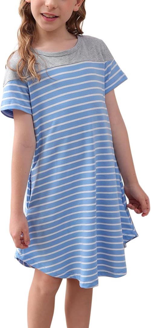 GORLYA Girls Casual Striped Dress Soft Short Sleeve Loose Round Neck Midi T-Shirt Dress for 6-14Y (Blue)