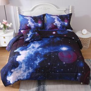 Full Galaxy Comforter Sets 6 Piece Bed in A Bag, Outer Space Themed Bedding for Children Boy Girl Teen Kids - (1 Comforter, 1 Flat Sheet, 1 Fitted Sheet, 2 Pillowshams, 1 Cushion Cover)