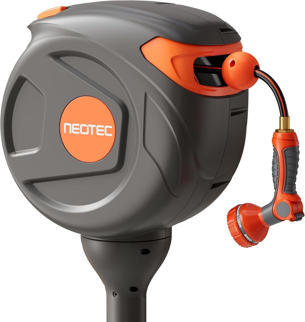 Retractable Garden Hose Reel 360 Swivel 82 ft 1/2 Inch Ground-Mounted Freestanding Water Hose Reel No-Drill Installation Any-Length Lock 20% Slow Return for Large Yard Lawn Car Washing