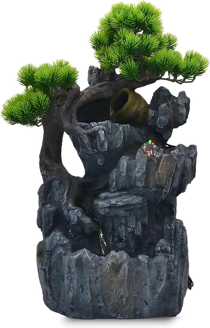 20-Inch Tabletop Water Fountain with Bonsai Tree, Cascading Waterfall, Spinning Crystal Ball, and LED Lighting Indoor Zen Decorative Fountain with USB Connection for Home or Office