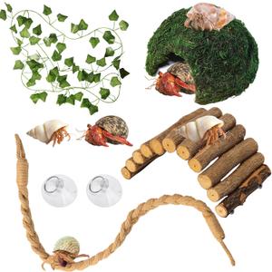 Hermit Crab Accessories, Hermit Crab Climbing Toys, Bendable Rope Bridge Wooden Shell Hideout Hut Plants for Reptile Amphibians Hermit Crab Tank Accessories Supplies