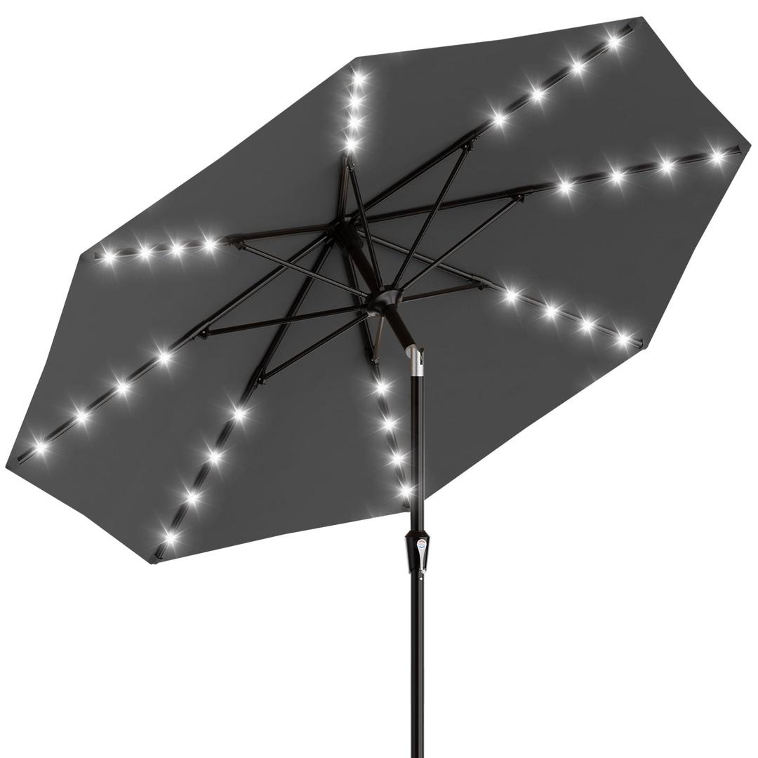 AreShark 9FT Patio Umbrella with Solar Lights, 32 Lighted Pool Umbrella w/Tilt and Crank, Outdoor Market Solar Umbrellas for Garden, Deck, Backyard, Pool and Beach, Gray