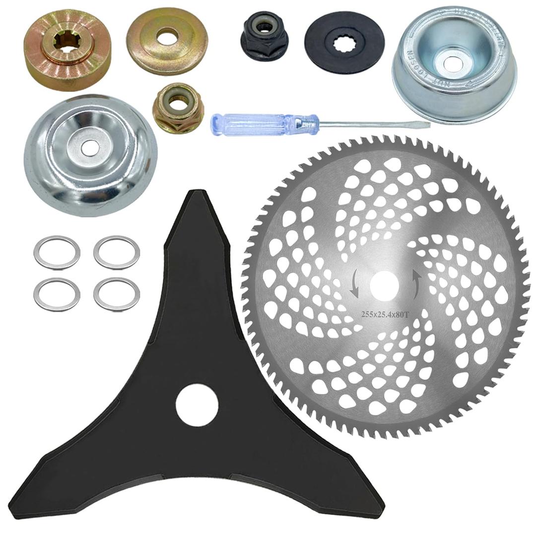 10" x 3 Teeth Carbon Steel Brush Cutter Blades 10" x 80T Weed Trimmer Blade Head for Weed Eater Blades with Adapter Kit Compatible with Husqvarna, Stihl Brush Cutter, Trimmer, Weed Wacker
