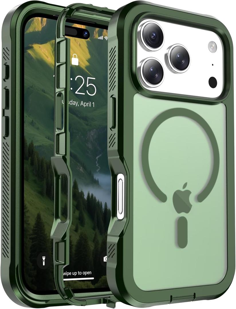Magnetic for iPhone 17 Pro Case, [Compatible with MagSafe][Military Grade Drop Protection][Heavy Duty Protection][Non-Slip][Shockproof] 2-Layer Durable Bumper Phone Casee 6.3''-Army Green