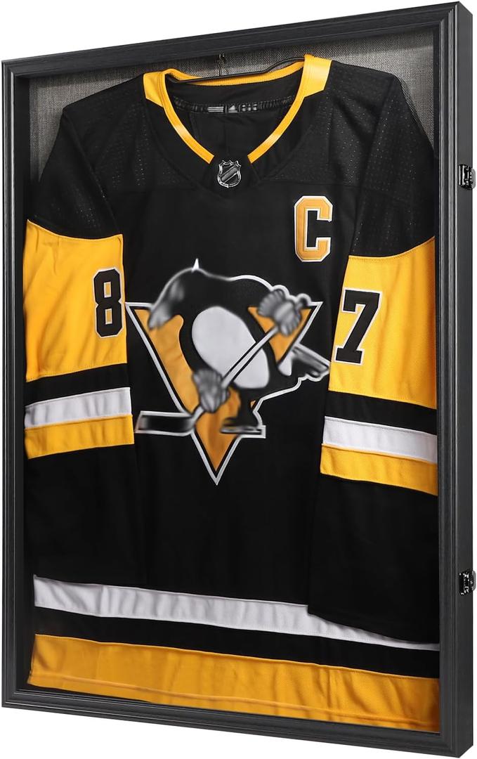 Large Jersey Frame Display Case, 26x37 Lockable Shadow Box Sports Jersey Frame with UV Protection Acrylic and Metal Hanger for Baseball Basketball Football Soccer Hockey XXL Shirt, Linen Black